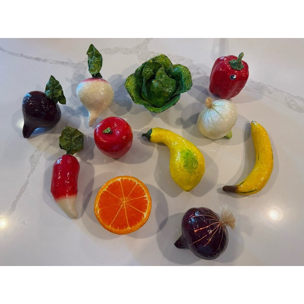 Vintage Paper Mache Fruits & Vegetables Set 11 Handcrafted Folk Art Decor